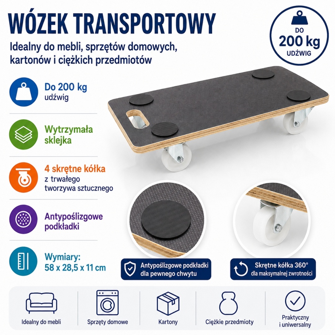 Transportní vozík do 200 kg překližková deska 58x28,5 cm na kolečkách pro přepravu M19228